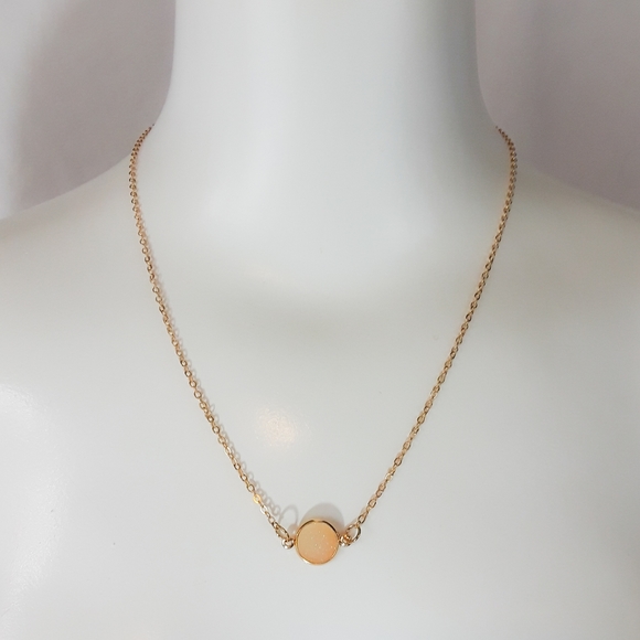 Peach Druzy Round Circle Pendant Dainty Minimalist Gold Chain Necklace - Picture 8 of 14